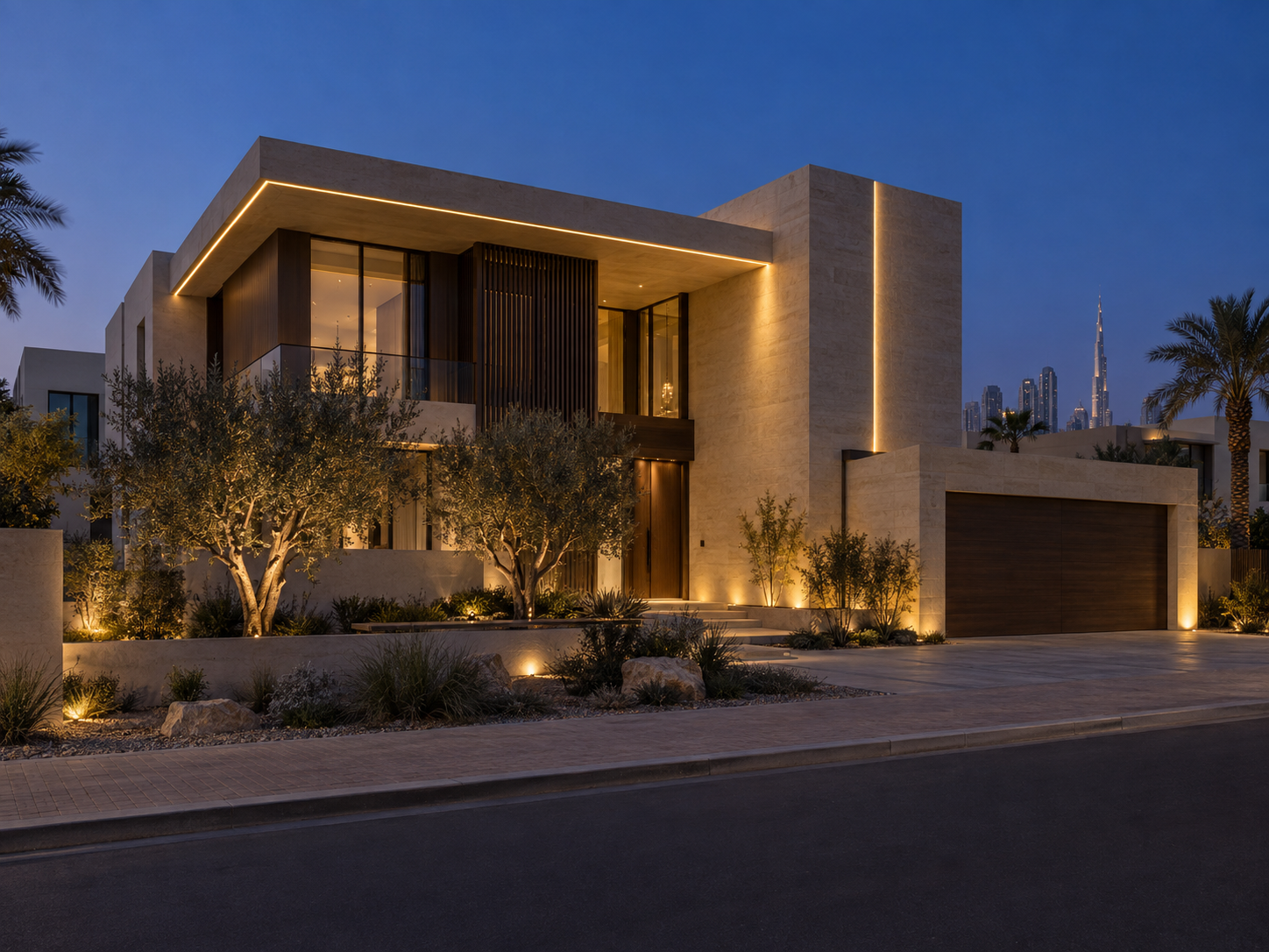 Villa facade with warm architectural light lines