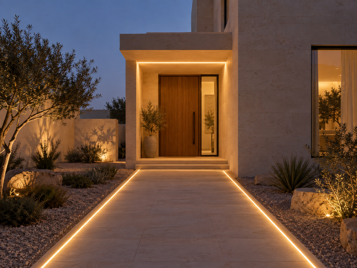Villa entrance with illuminated pathway