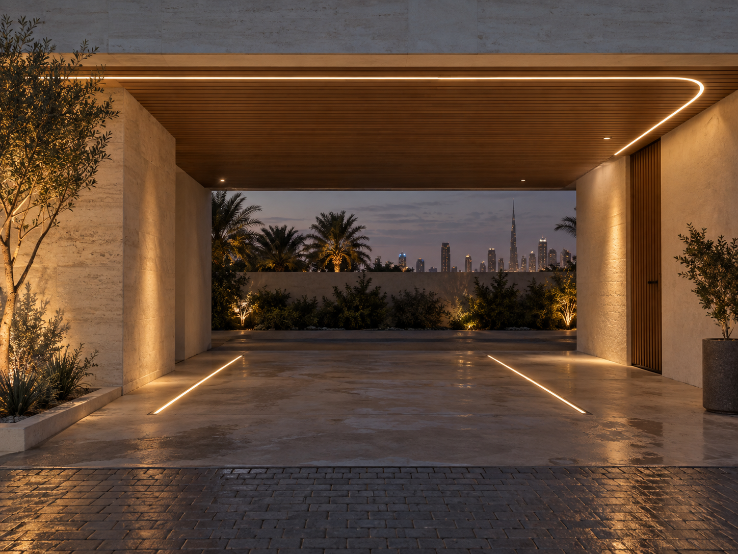 Carport with rounded linear lighting
