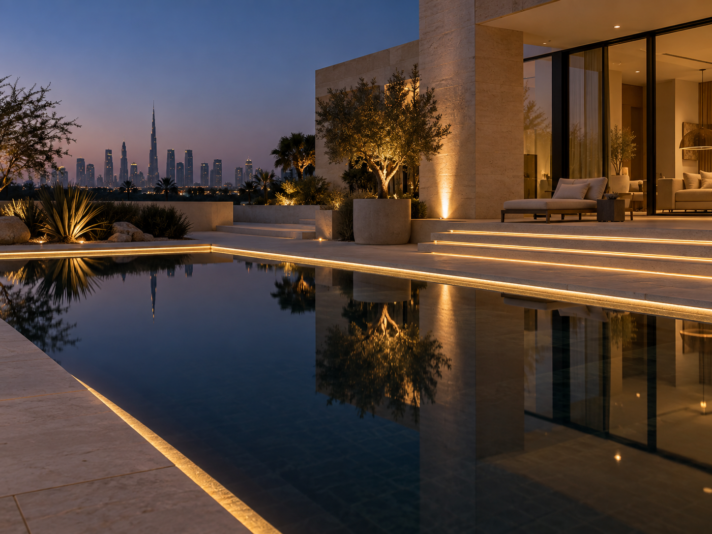 Warmly lit poolside