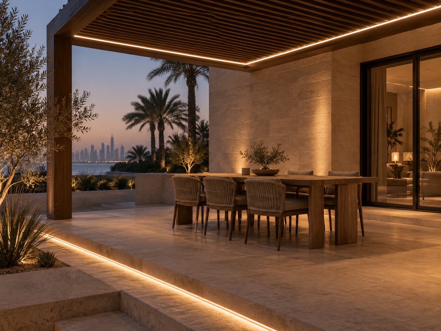 Outdoor terrace with integrated lighting