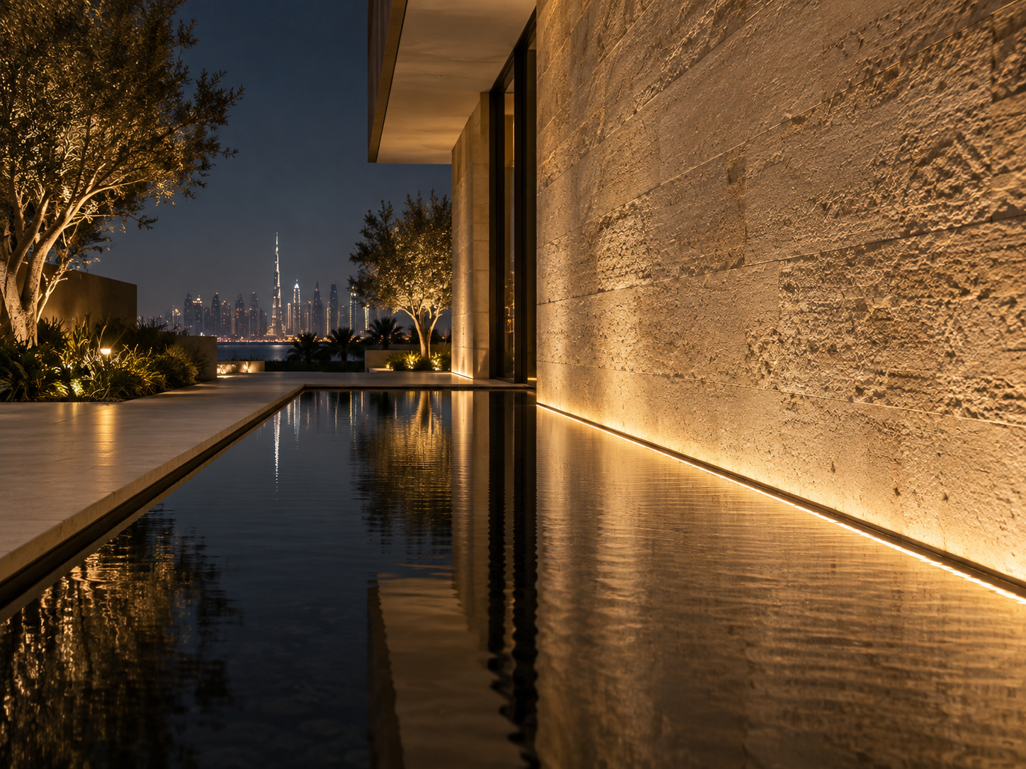 Illuminated villa water feature