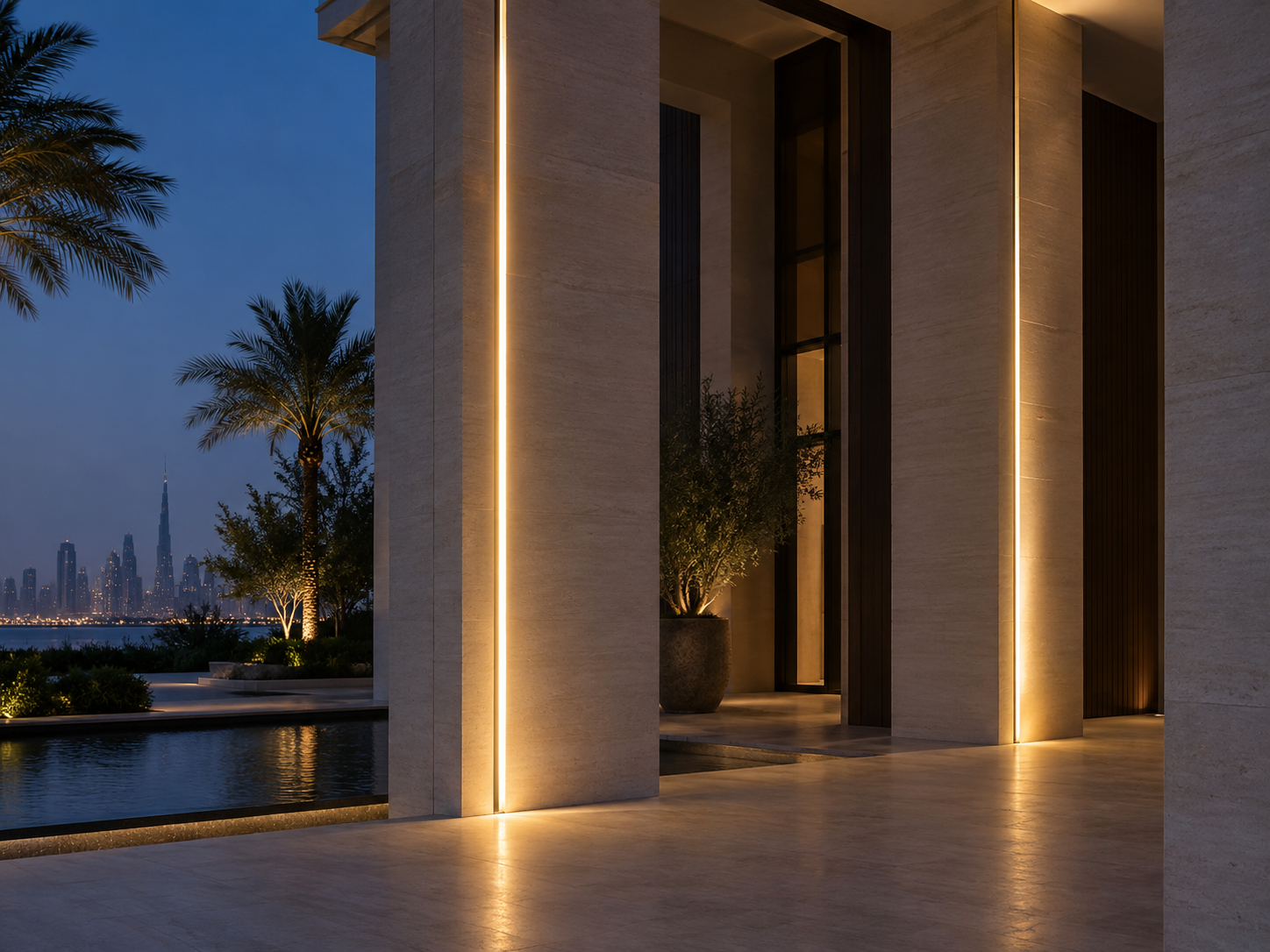 Villa columns with linear lighting