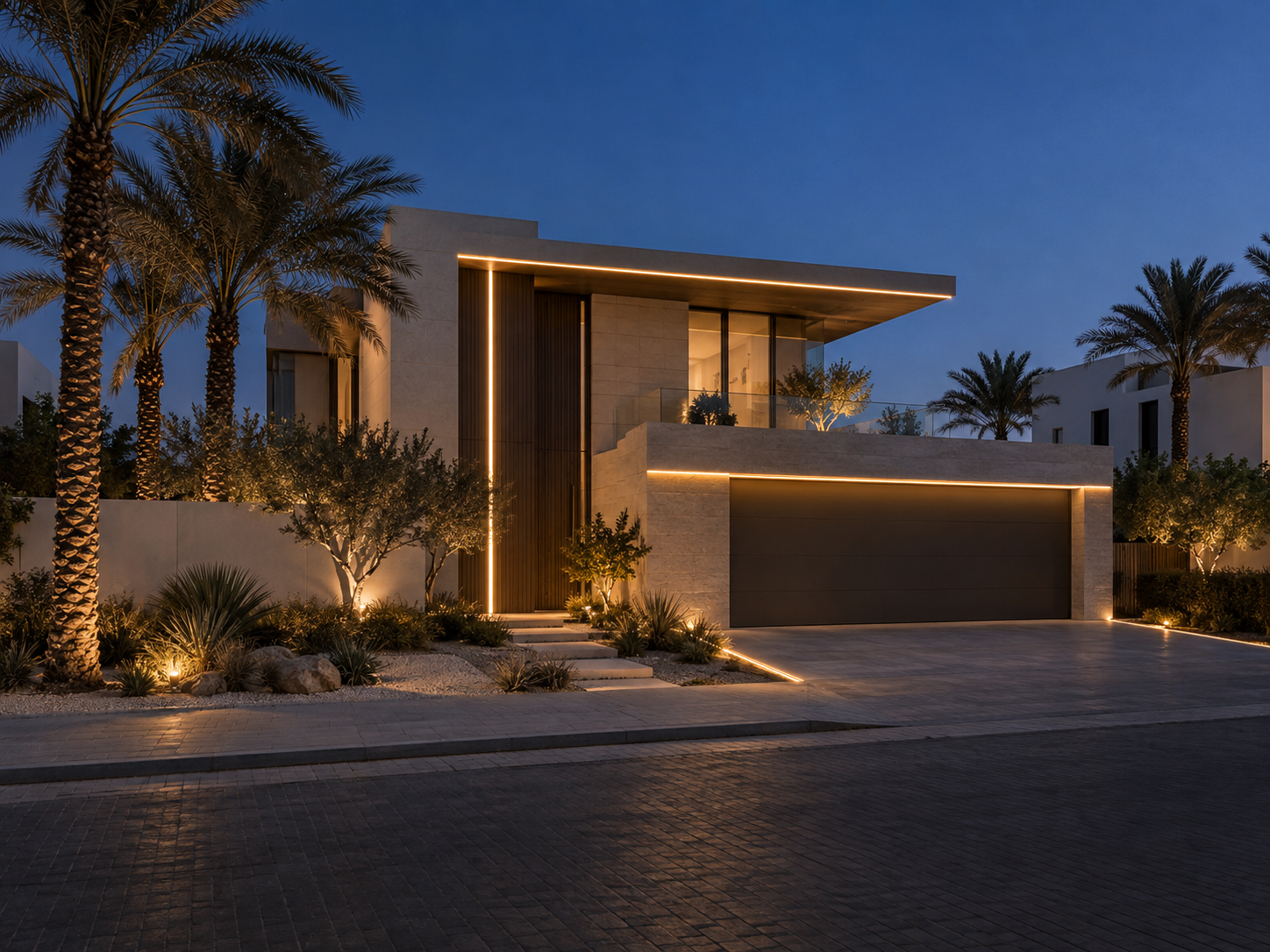 Villa facade from the street at night