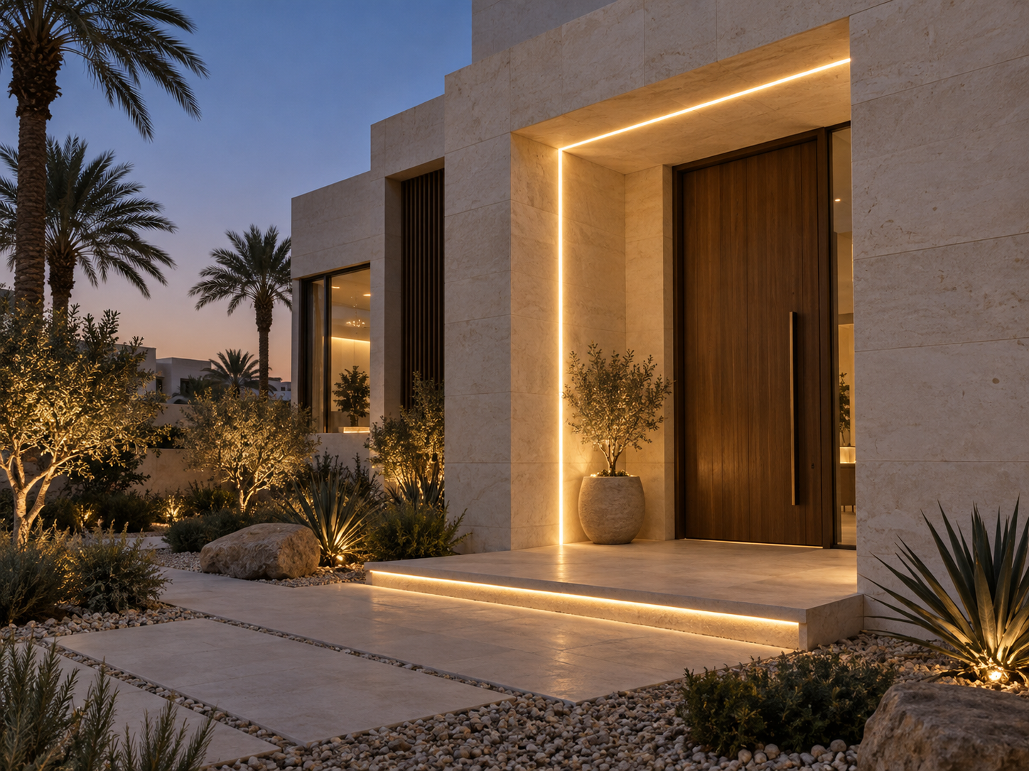 Limestone entrance portal lighting