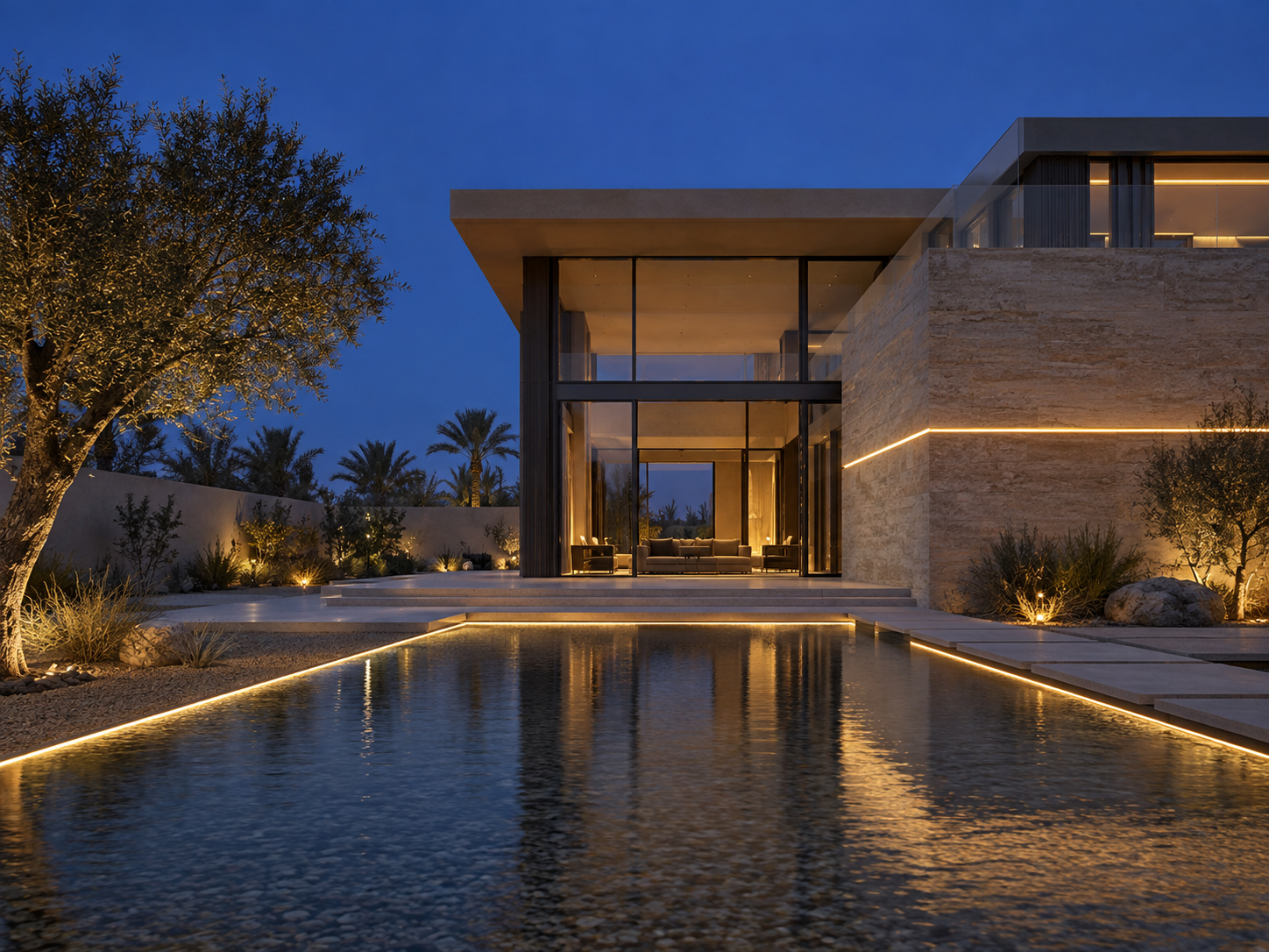 Villa water feature lighting