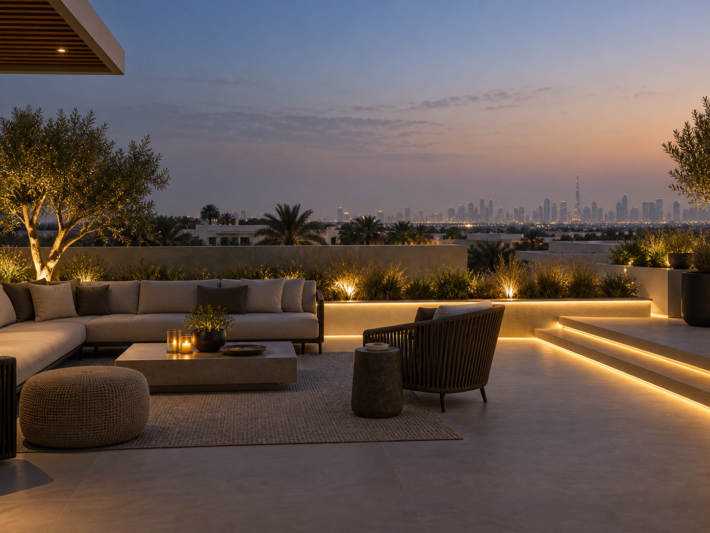 Illuminated villa roof terrace