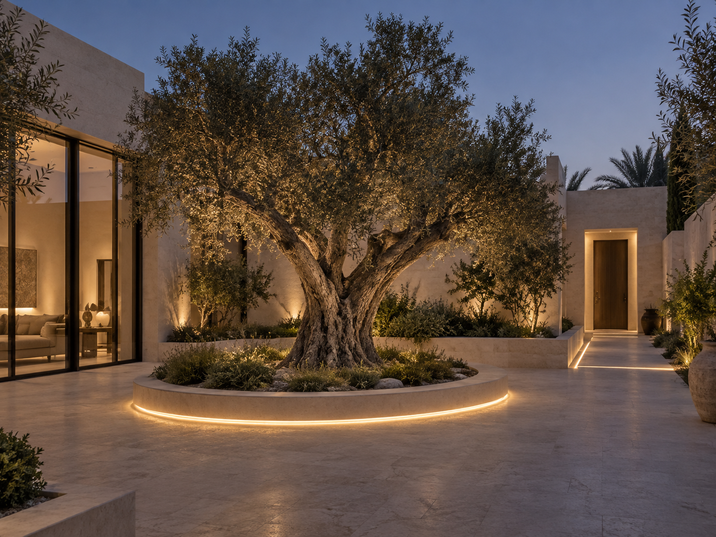 Olive courtyard lighting