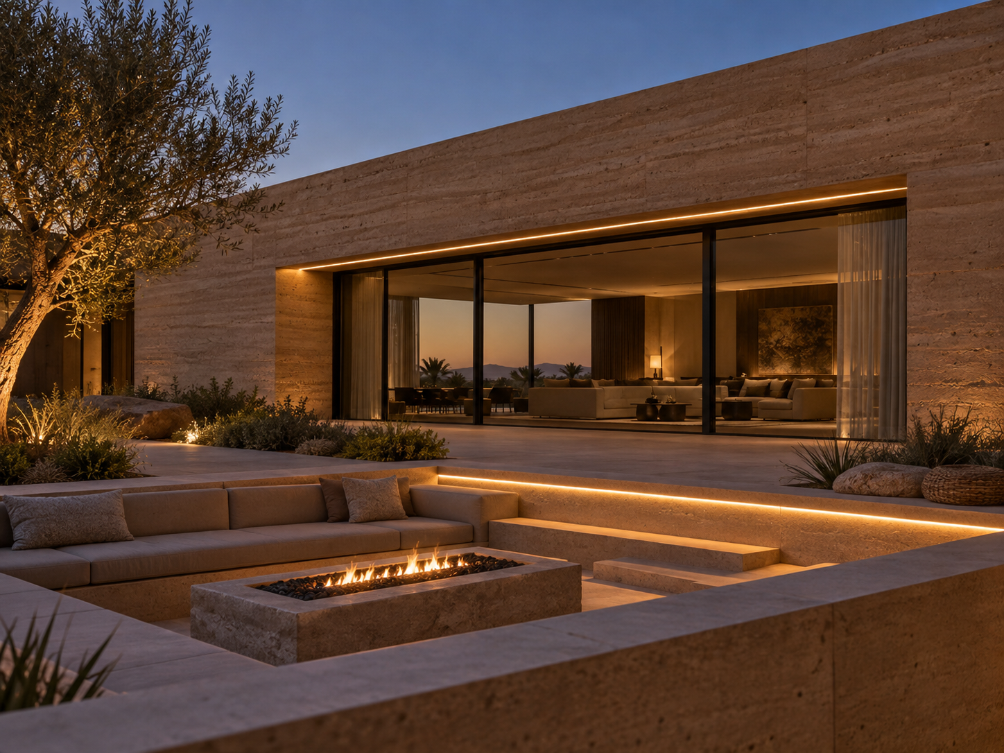 Rammed earth villa terrace lighting