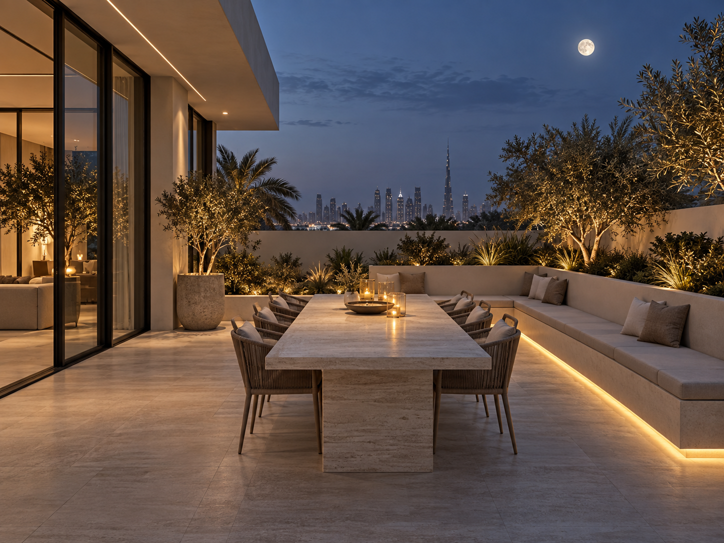 Moonlit villa terrace lighting