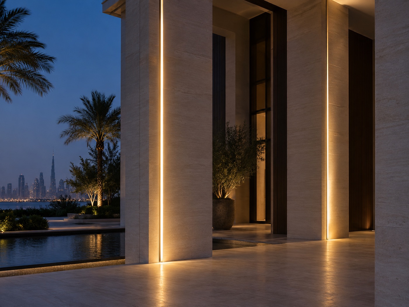Villa columns with linear lighting