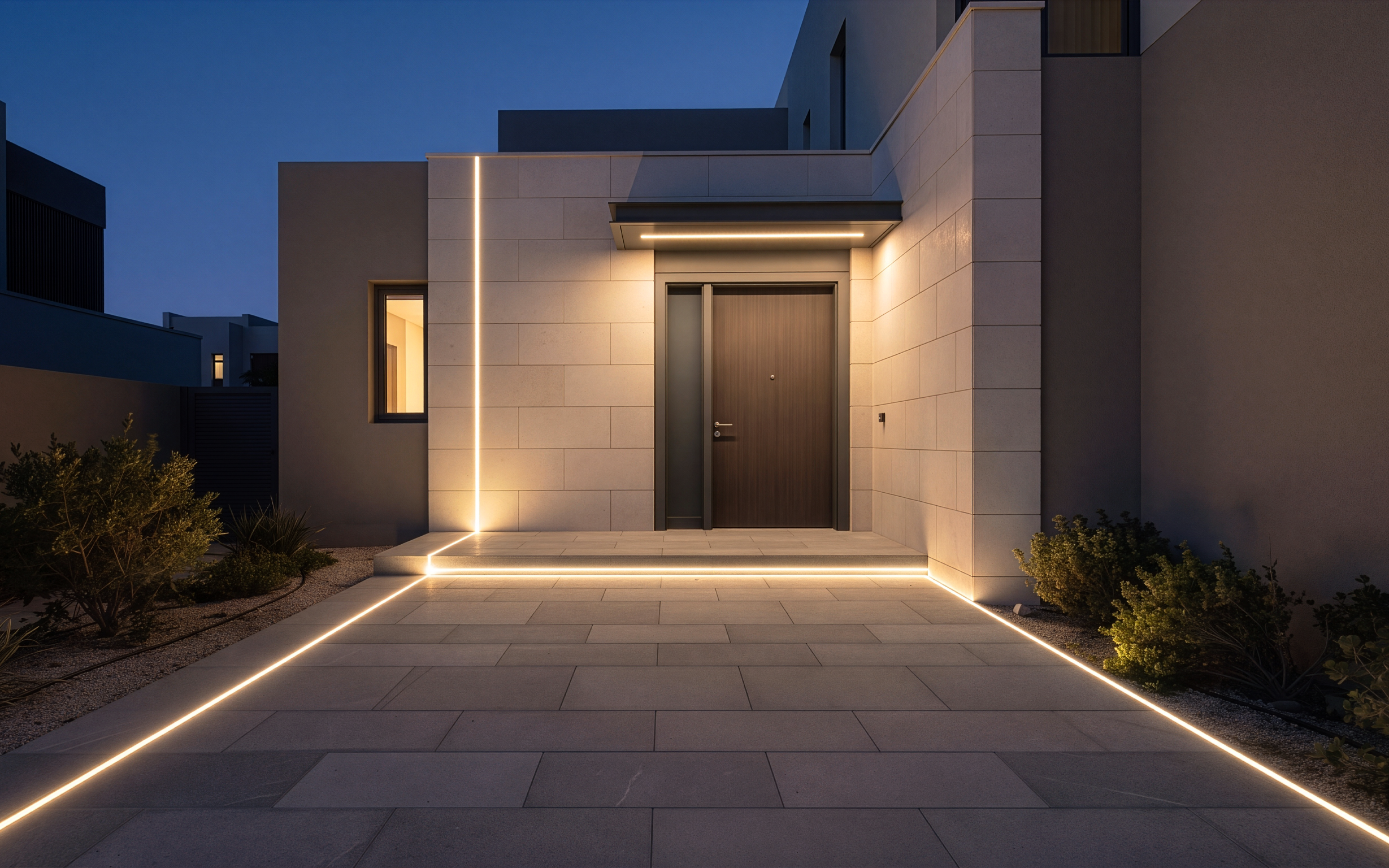 Warmly lit villa entrance