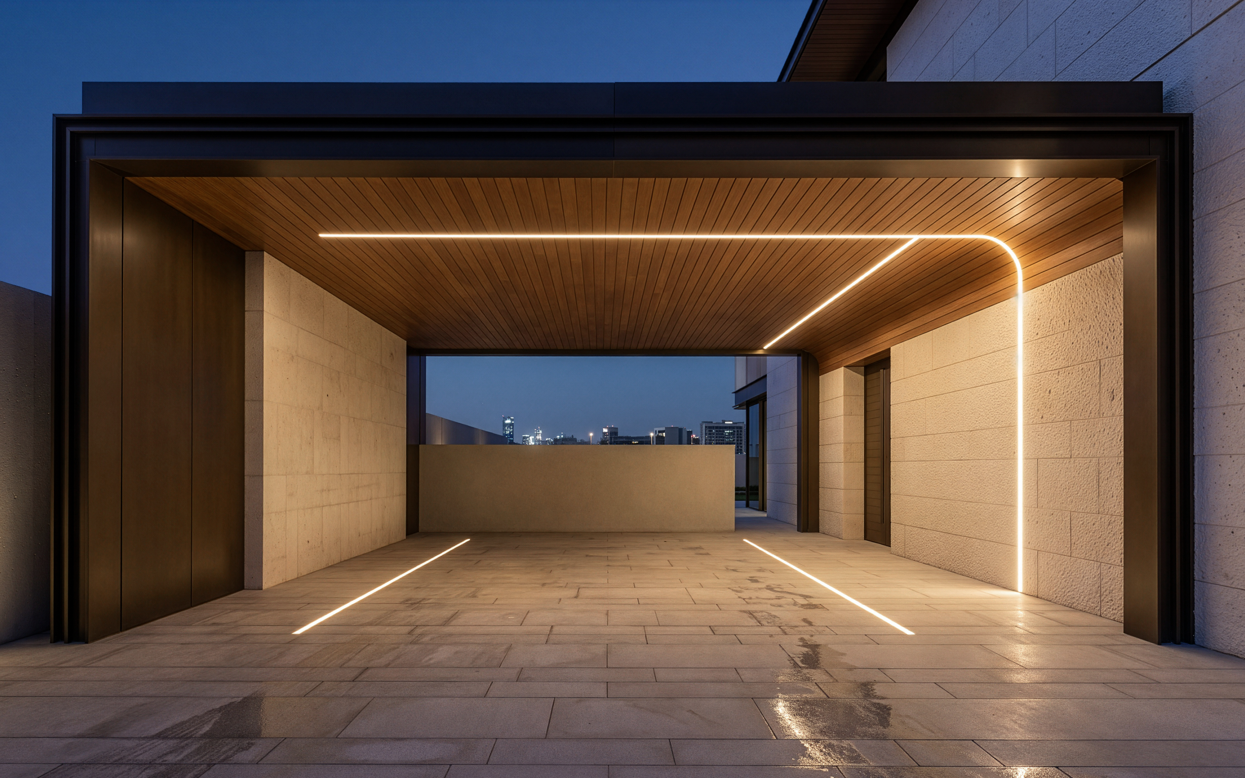 Warmly illuminated villa parking area with curved linear lighting