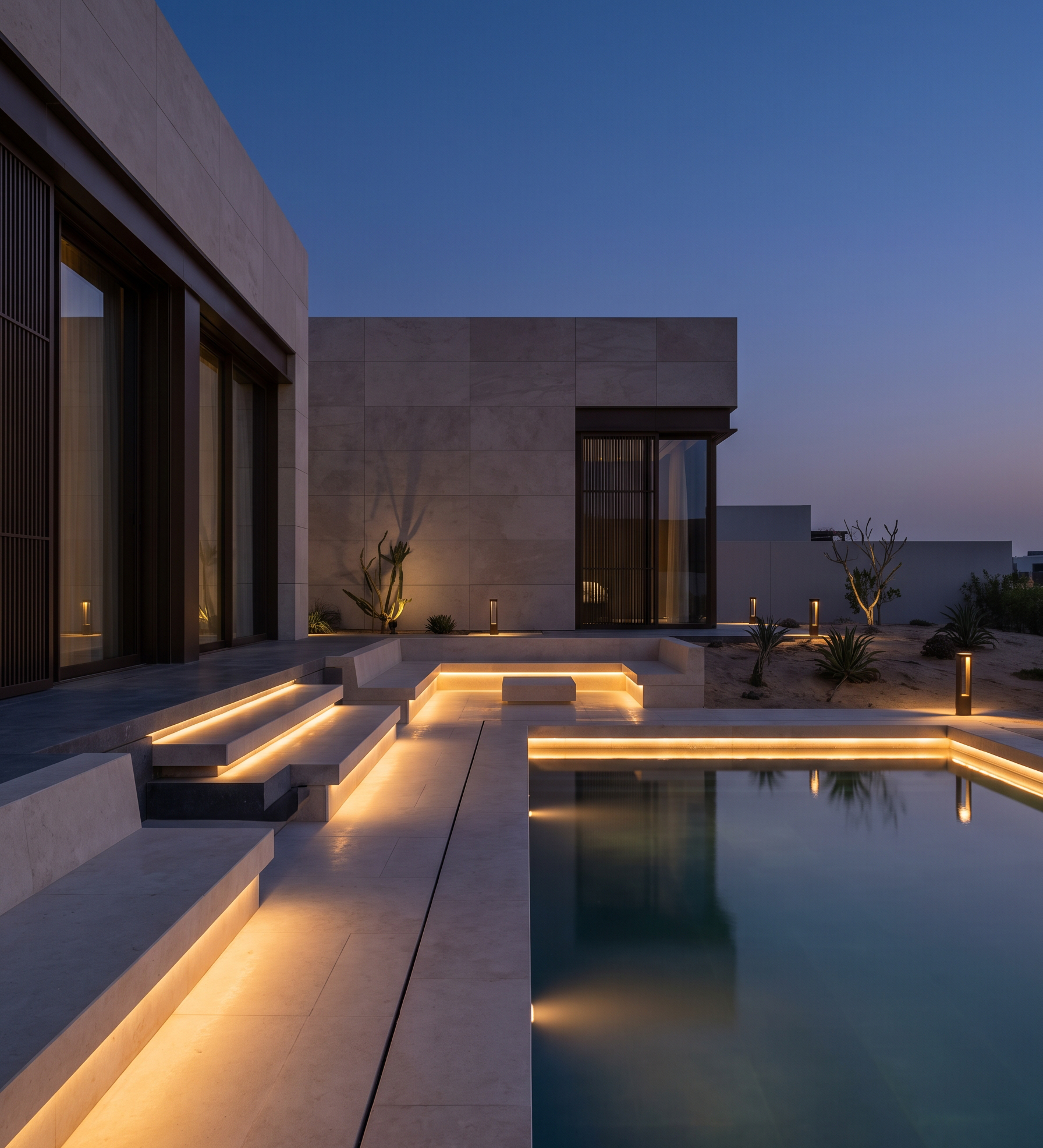 Warmly illuminated pool terrace at dusk